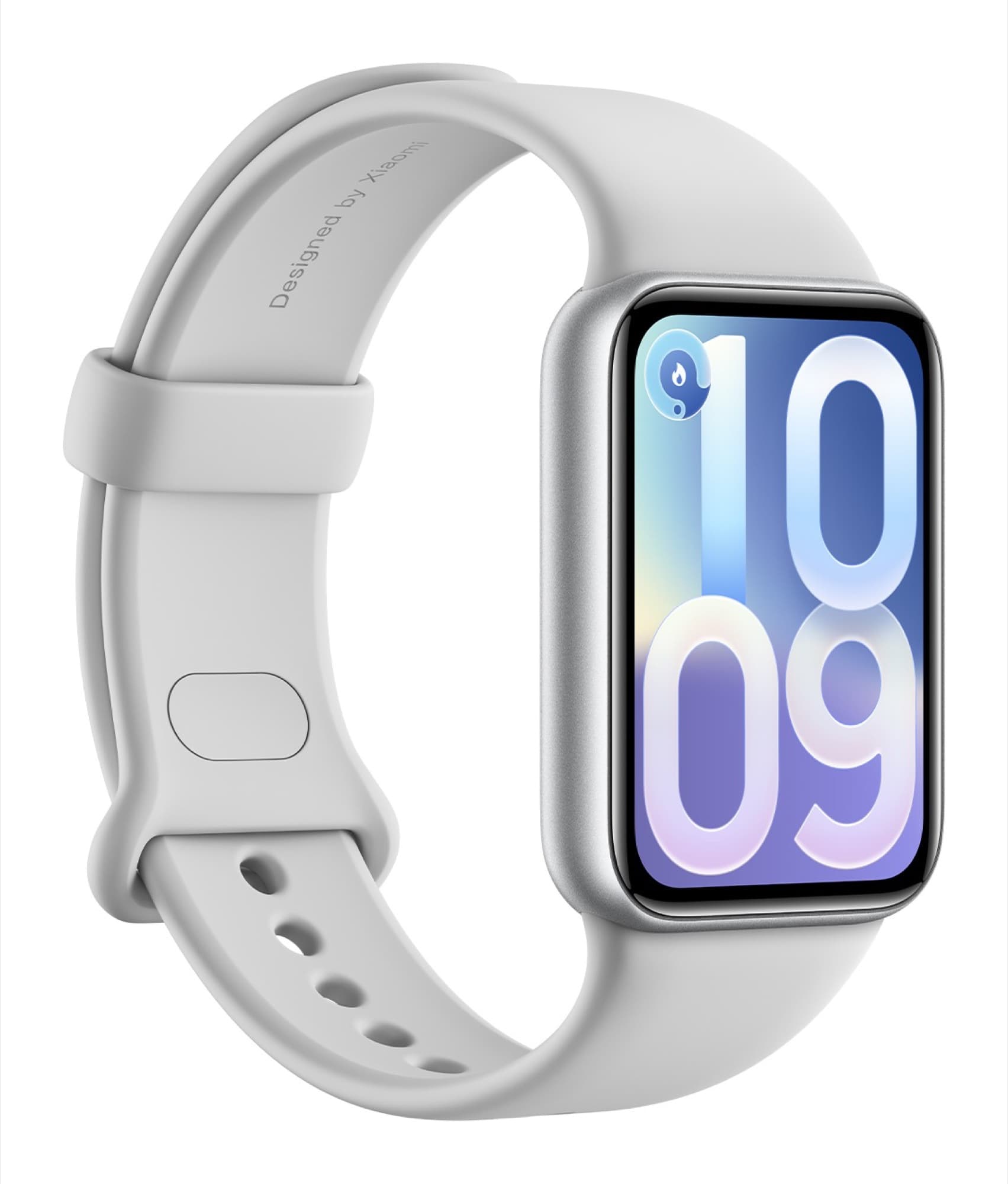 Silverfärgat Smart Band 10 Pro snett från sidan