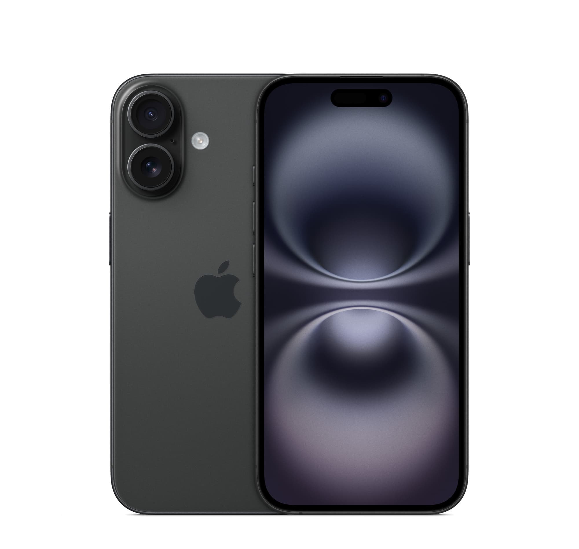 iPhone 16 in black, front and back
