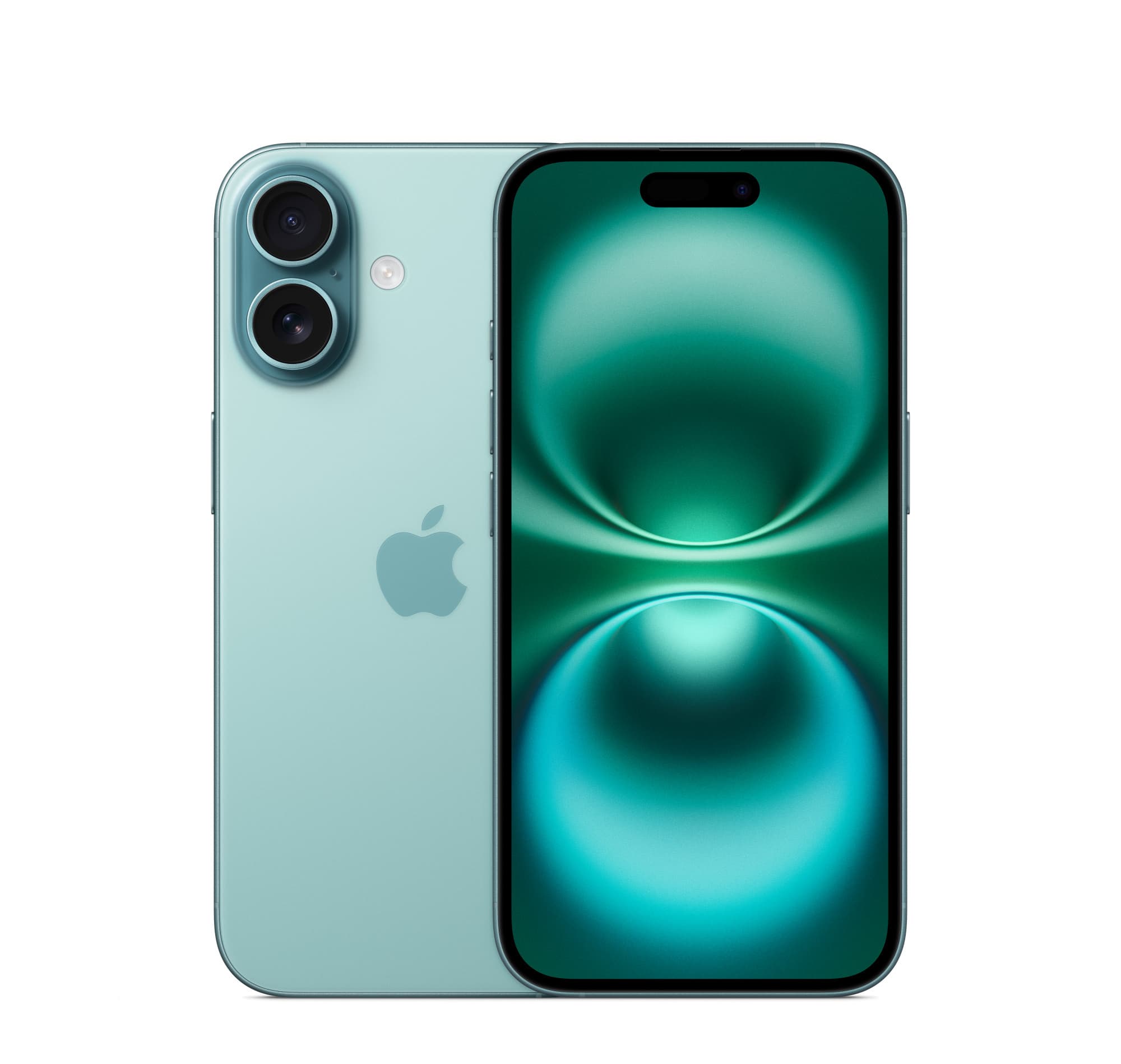 iPhone 16 in teal, front and back