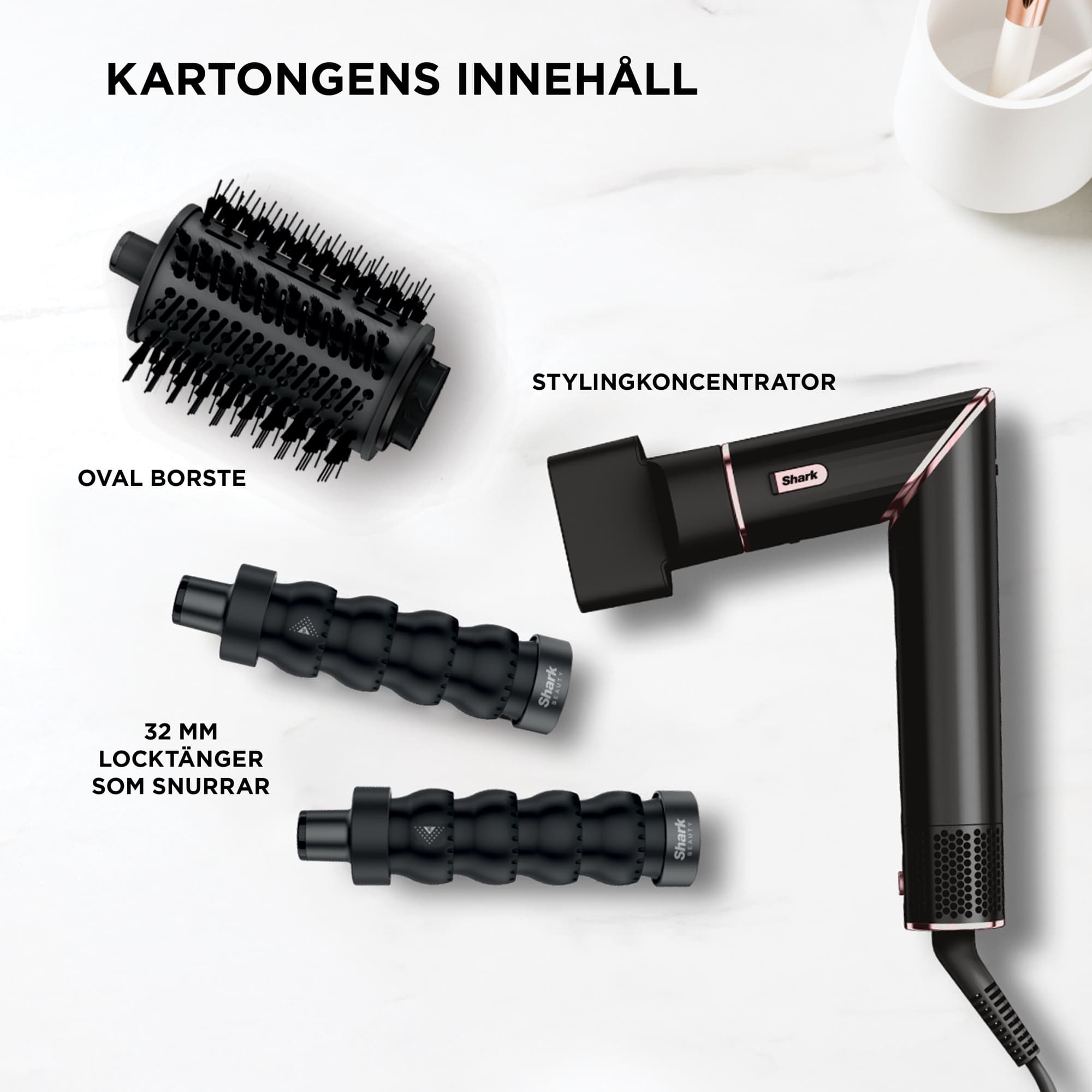 Kartongens innehåll i svart och roséguld