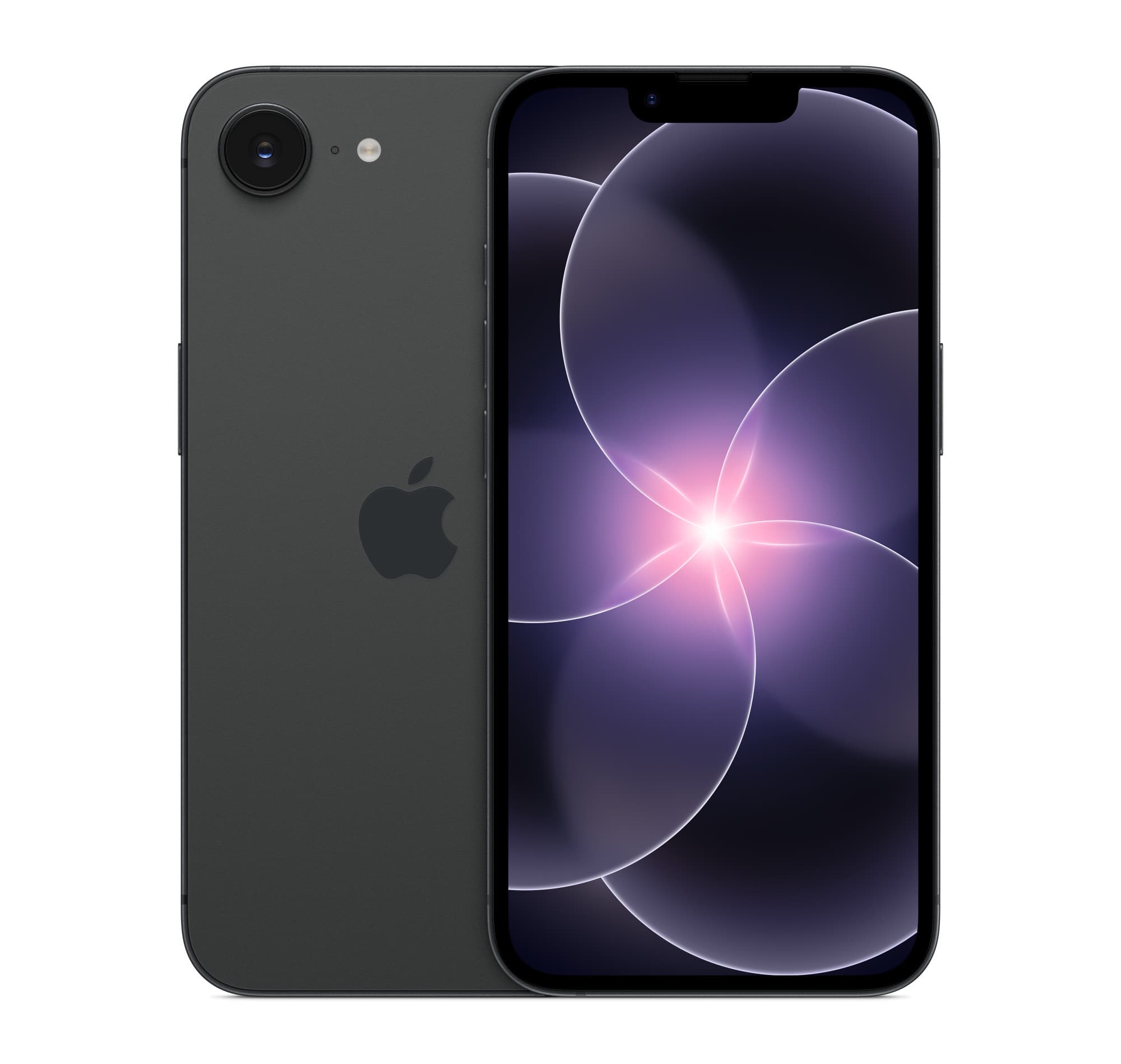 iPhone 17e i svart, fram- och baksida