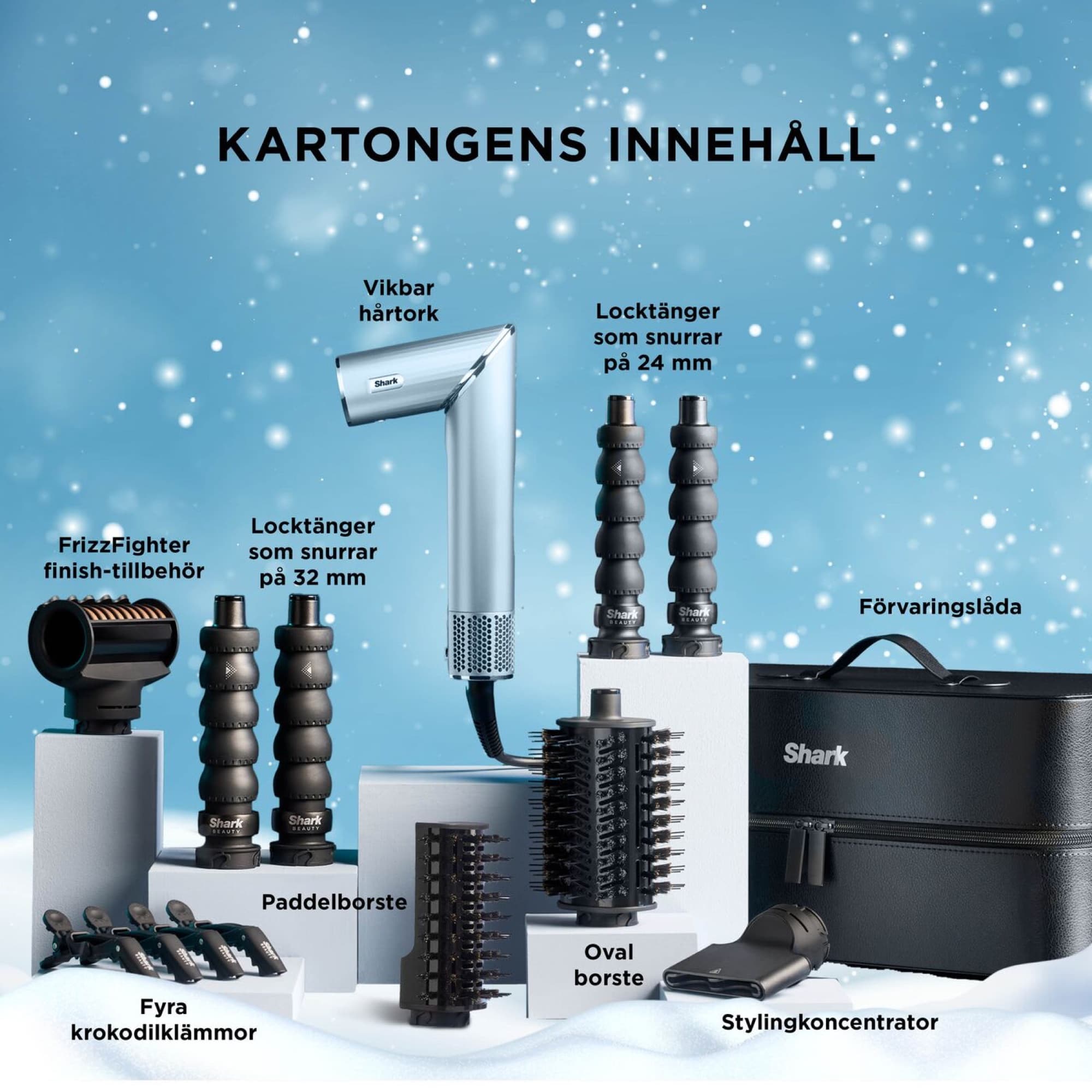 Kartongens innehåll med alla tillbehör och förvaringsväskan